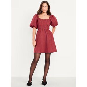 OLD NAVY Red Plaid Smocked Puff Sleeve Dress Size XL NEW NWOT